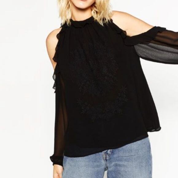 Zara Basic Collection Black Sheer Cold Shoulder Embroidered Top Size XS - Picture 1 of 9
